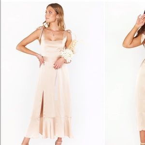Show Me Your Mumu Claire Midi Dress in Champagne Luxe Satin